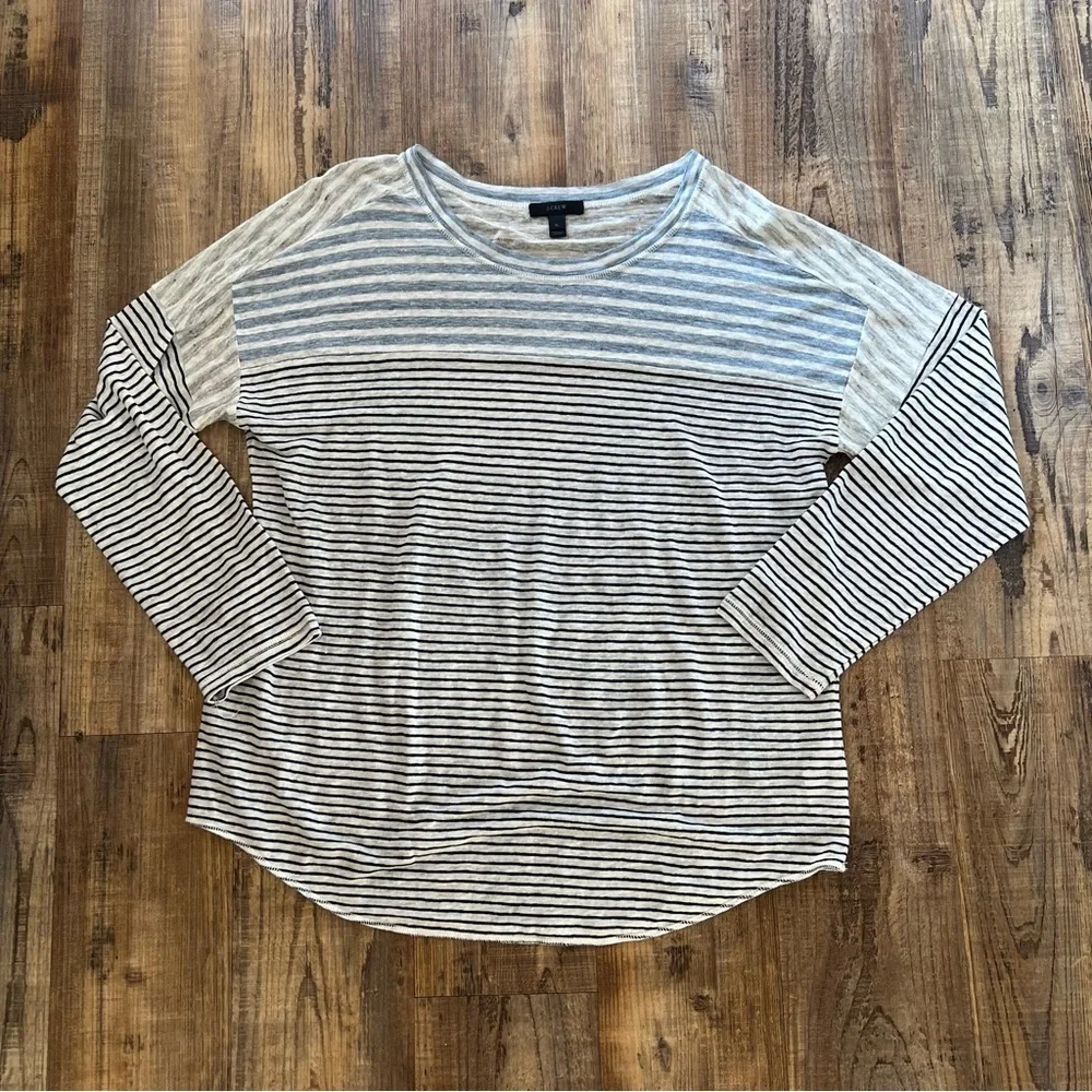 J. Crew Women's Baseball Style Long Sleeve Navy Blue Stripped 100% Linen Sz XL